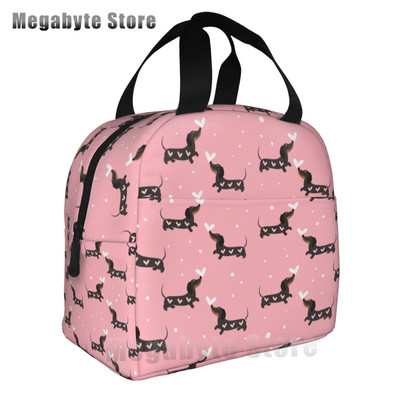 Taksis, desu suņi, rozā ziedi, apdruka atkārtoti lietojama, izolēta pusdienu maisiņa dzesētāja kastes konteiners ar priekšējo kabatu vīrietim