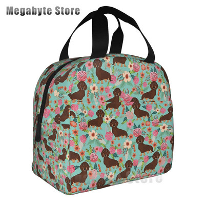 Taksis, desu suņi, rozā ziedi, apdruka atkārtoti lietojama, izolēta pusdienu maisiņa dzesētāja kastes konteiners ar priekšējo kabatu vīrietim
