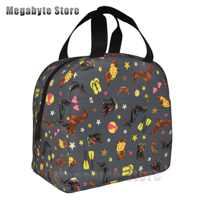 Taksis, desu suņi, rozā ziedi, apdruka atkārtoti lietojama, izolēta pusdienu maisiņa dzesētāja kastes konteiners ar priekšējo kabatu vīrietim