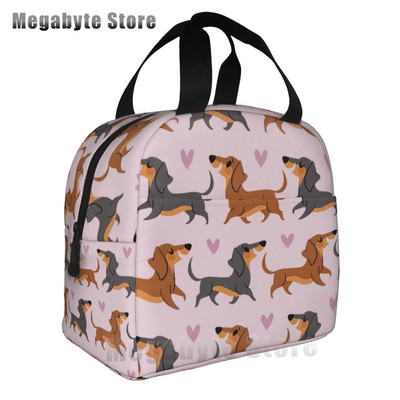 Taksis, desu suņi, rozā ziedi, apdruka atkārtoti lietojama, izolēta pusdienu maisiņa dzesētāja kastes konteiners ar priekšējo kabatu vīrietim
