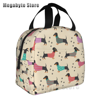 Taksis, desu suņi, rozā ziedi, apdruka atkārtoti lietojama, izolēta pusdienu maisiņa dzesētāja kastes konteiners ar priekšējo kabatu vīrietim