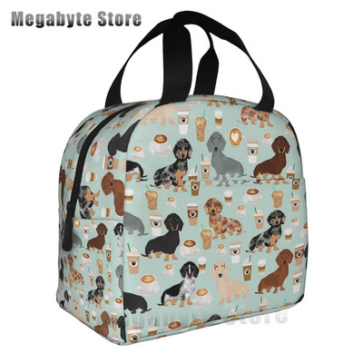 Taksis, desu suņi, rozā ziedi, apdruka atkārtoti lietojama, izolēta pusdienu maisiņa dzesētāja kastes konteiners ar priekšējo kabatu vīrietim