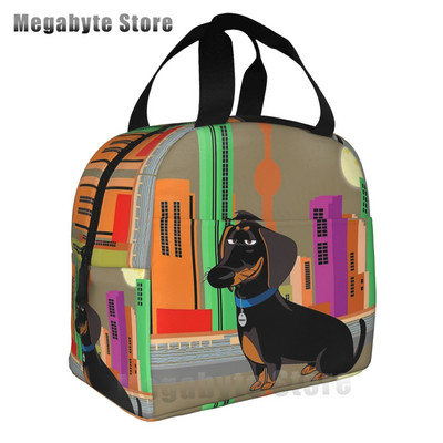 Taksis, desu suņi, rozā ziedi, apdruka atkārtoti lietojama, izolēta pusdienu maisiņa dzesētāja kastes konteiners ar priekšējo kabatu vīrietim