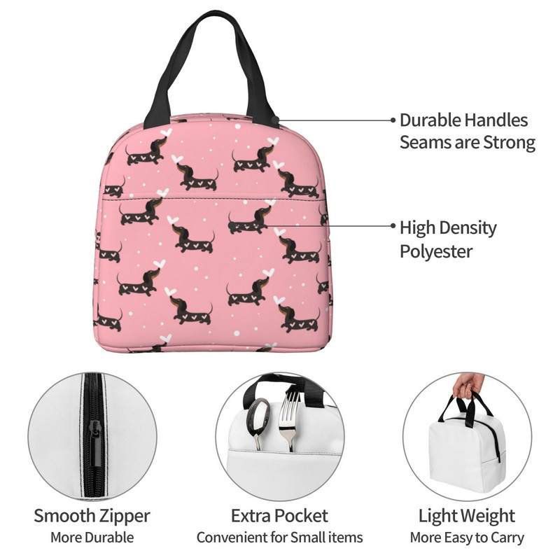 Taksis, desu suņi, rozā ziedi, apdruka atkārtoti lietojama, izolēta pusdienu maisiņa dzesētāja kastes konteiners ar priekšējo kabatu vīrietim