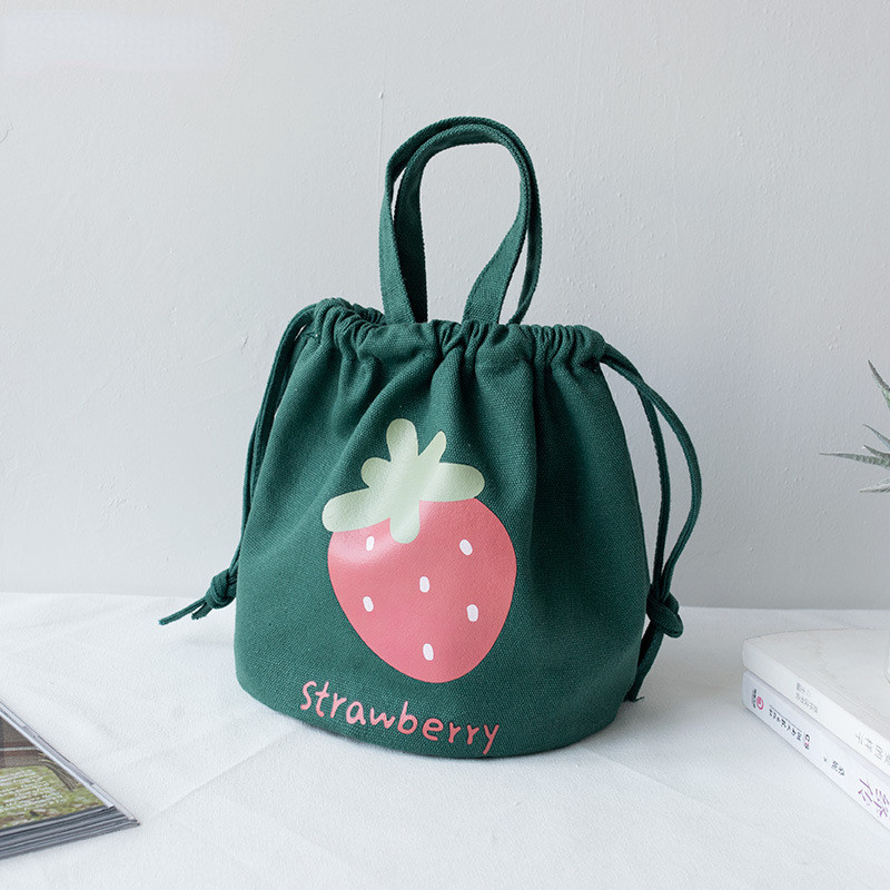 Mini audekla savilkšanas aukliņu pusdienu soma rokassomiņa sievietēm karikatūra zemeņu uzglabāšanas soma pusdienu kaste Maza auduma soma sievietēm pārtikas maisiņi