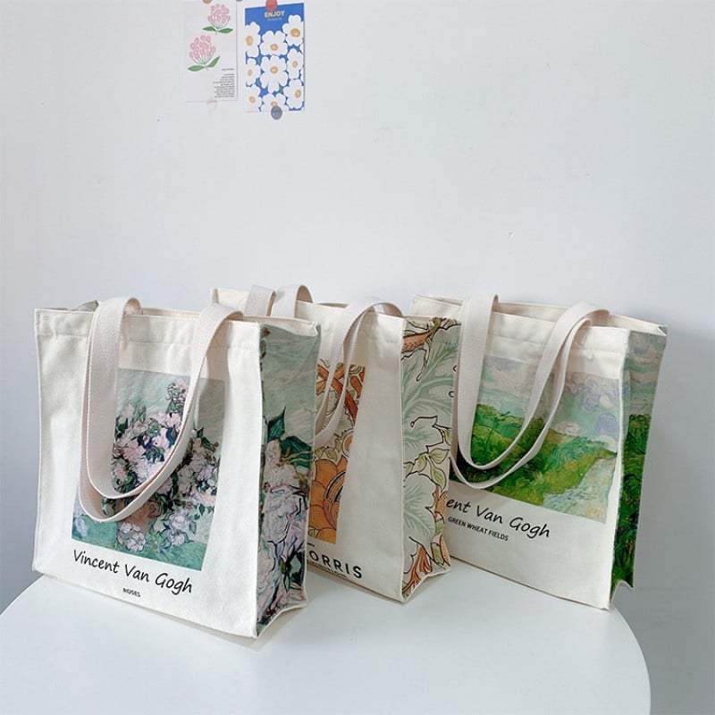 Īpaši bieza audekla sieviešu plecu soma Van Goga Morisa vintage eļļas glezna Grāmatas ar rāvējslēdzēju rokassomiņa Liela soma sievietēm, iepirkšanās