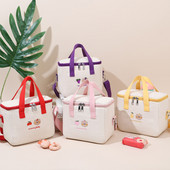 Jauka lāča pusdienu soma meitenēm izolēta audekla dzesētāja rokassomiņa alumīnija folijas termiskā pārtikas kastīte ģimenes skolas piknika vakariņu konteiners