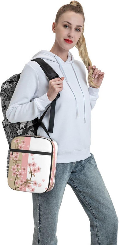 Rozā Sakura jauki izolēta pusdienu soma ar sānu kabatu pārnēsājama pusdienu kastīte atkārtoti lietojama pusdienu soma sievietēm vīriešiem, biroja darba pikniks