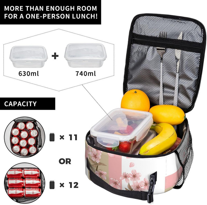 Rozā Sakura jauki izolēta pusdienu soma ar sānu kabatu pārnēsājama pusdienu kastīte atkārtoti lietojama pusdienu soma sievietēm vīriešiem, biroja darba pikniks