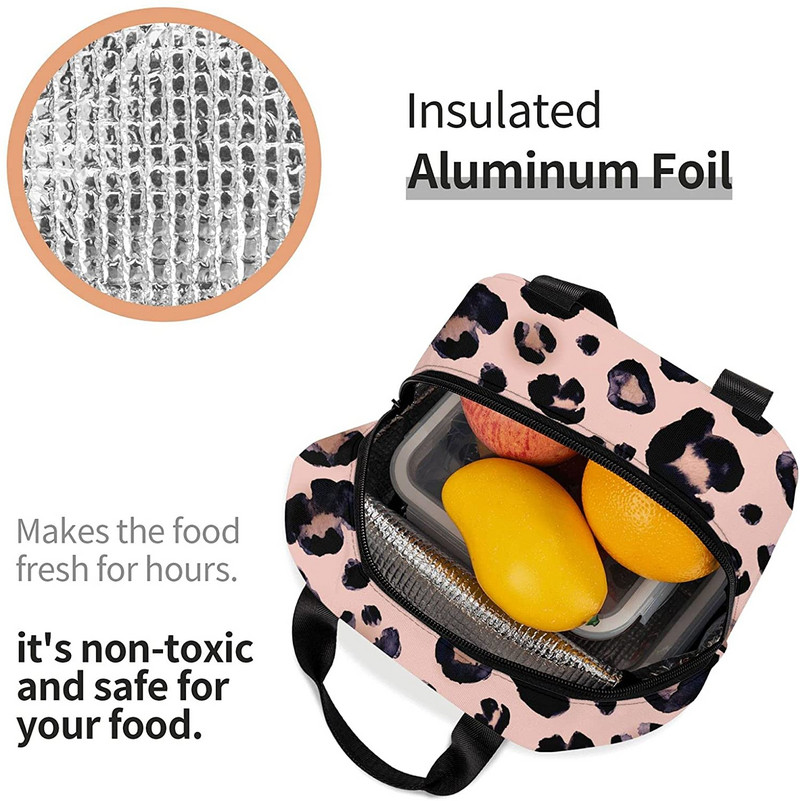 Pusdienu soma sievietēm Leoparda drukas geparda rozā izolēta pusdienu kastītes dzesētājs pieaugušajiem bērniem darbam biroja skolas pikniks, atkārtoti lietojams
