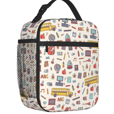 Atpakaļ uz skolu Raksts Skolotāju Lineāli Zīmuļi Izolēta pusdienu soma sievietēm Resuable Thermal Cooler Pārtikas pusdienu kastes skola