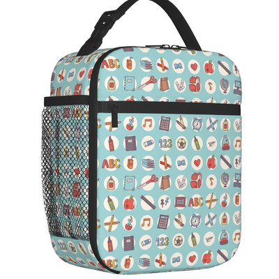 Atpakaļ uz skolu Raksts Skolotāju Lineāli Zīmuļi Izolēta pusdienu soma sievietēm Resuable Thermal Cooler Pārtikas pusdienu kastes skola