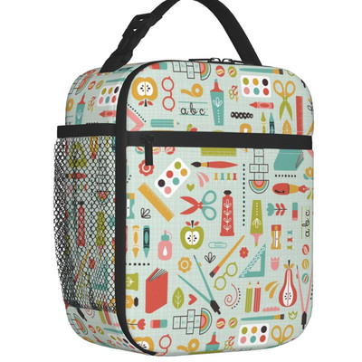 Atpakaļ uz skolu Raksts Skolotāju Lineāli Zīmuļi Izolēta pusdienu soma sievietēm Resuable Thermal Cooler Pārtikas pusdienu kastes skola