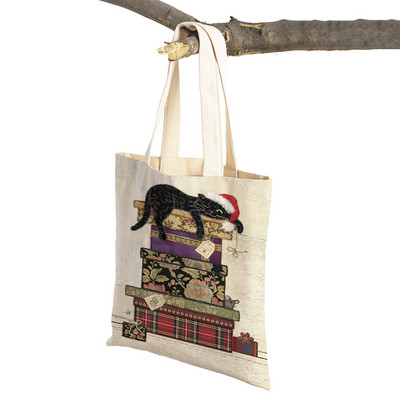 Abpusēji gudrs elegants melns kaķis sieviešu pircēju somas Tote rokassoma Mājdzīvnieku apdruka Audekls Audekla sieviešu pirkumu plecu soma