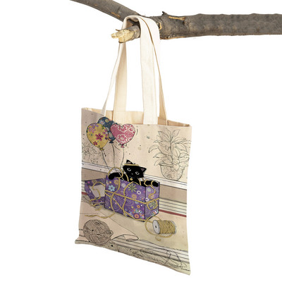 Abpusēji gudrs elegants melns kaķis sieviešu pircēju somas Tote rokassoma Mājdzīvnieku apdruka Audekls Audekla sieviešu pirkumu plecu soma