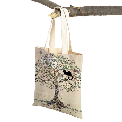 Abpusēji gudrs elegants melns kaķis sieviešu pircēju somas Tote rokassoma Mājdzīvnieku apdruka Audekls Audekla sieviešu pirkumu plecu soma