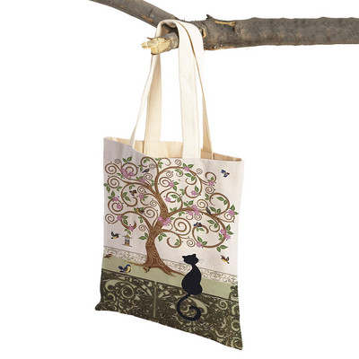 Abpusēji gudrs elegants melns kaķis sieviešu pircēju somas Tote rokassoma Mājdzīvnieku apdruka Audekls Audekla sieviešu pirkumu plecu soma