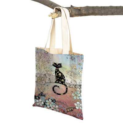 Abpusēji gudrs elegants melns kaķis sieviešu pircēju somas Tote rokassoma Mājdzīvnieku apdruka Audekls Audekla sieviešu pirkumu plecu soma