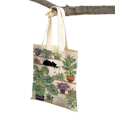 Abpusēji gudrs elegants melns kaķis sieviešu pircēju somas Tote rokassoma Mājdzīvnieku apdruka Audekls Audekla sieviešu pirkumu plecu soma