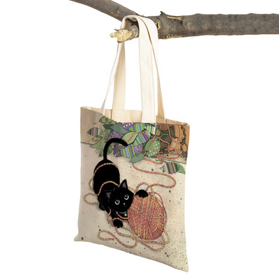 Abpusēji gudrs elegants melns kaķis sieviešu pircēju somas Tote rokassoma Mājdzīvnieku apdruka Audekls Audekla sieviešu pirkumu plecu soma