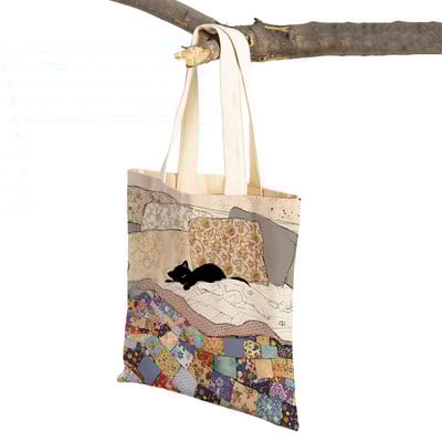 Abpusēji gudrs elegants melns kaķis sieviešu pircēju somas Tote rokassoma Mājdzīvnieku apdruka Audekls Audekla sieviešu pirkumu plecu soma