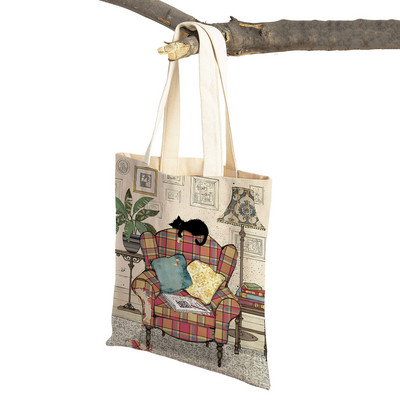 Abpusēji gudrs elegants melns kaķis sieviešu pircēju somas Tote rokassoma Mājdzīvnieku apdruka Audekls Audekla sieviešu pirkumu plecu soma