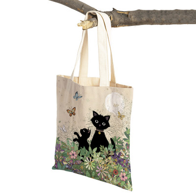 Abpusēji gudrs elegants melns kaķis sieviešu pircēju somas Tote rokassoma Mājdzīvnieku apdruka Audekls Audekla sieviešu pirkumu plecu soma