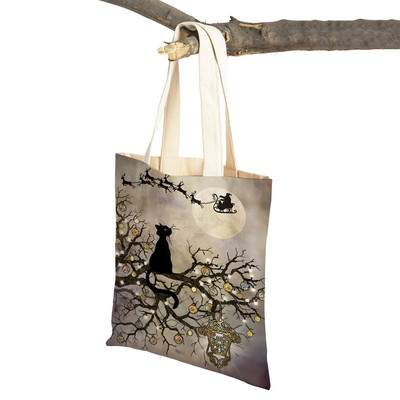 Abpusēji gudrs elegants melns kaķis sieviešu pircēju somas Tote rokassoma Mājdzīvnieku apdruka Audekls Audekla sieviešu pirkumu plecu soma