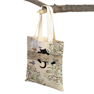 Abpusēji gudrs elegants melns kaķis sieviešu pircēju somas Tote rokassoma Mājdzīvnieku apdruka Audekls Audekla sieviešu pirkumu plecu soma