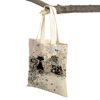 Abpusēji gudrs elegants melns kaķis sieviešu pircēju somas Tote rokassoma Mājdzīvnieku apdruka Audekls Audekla sieviešu pirkumu plecu soma