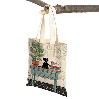 Abpusēji gudrs elegants melns kaķis sieviešu pircēju somas Tote rokassoma Mājdzīvnieku apdruka Audekls Audekla sieviešu pirkumu plecu soma