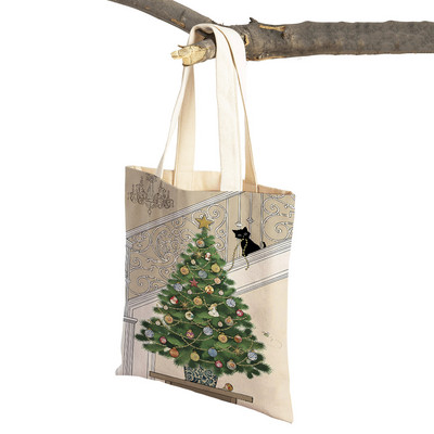 Abpusēji gudrs elegants melns kaķis sieviešu pircēju somas Tote rokassoma Mājdzīvnieku apdruka Audekls Audekla sieviešu pirkumu plecu soma