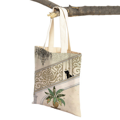 Abpusēji gudrs elegants melns kaķis sieviešu pircēju somas Tote rokassoma Mājdzīvnieku apdruka Audekls Audekla sieviešu pirkumu plecu soma