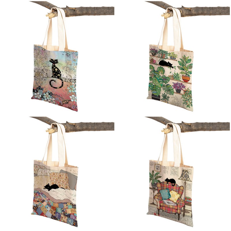 Abpusēji gudrs elegants melns kaķis sieviešu pircēju somas Tote rokassoma Mājdzīvnieku apdruka Audekls Audekla sieviešu pirkumu plecu soma