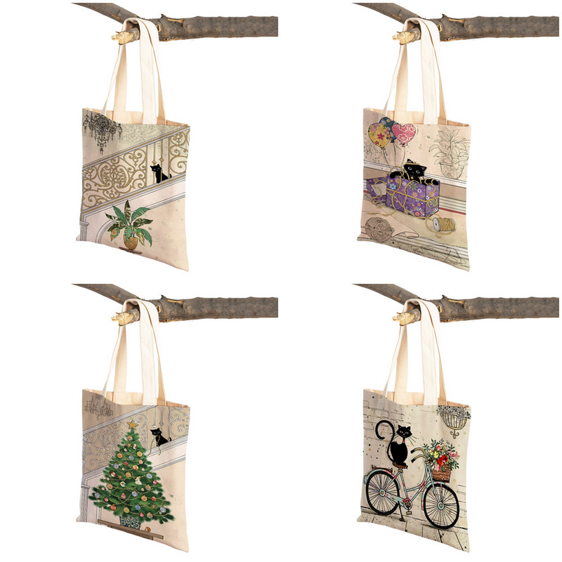 Abpusēji gudrs elegants melns kaķis sieviešu pircēju somas Tote rokassoma Mājdzīvnieku apdruka Audekls Audekla sieviešu pirkumu plecu soma