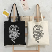 White Dragon Canvas Black Bag Shopper Bag Sieviešu somas Klasiska vintage plecu soma Rokassomiņa Skolotāju piederumi Dāvana