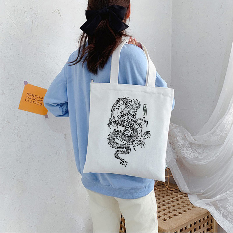 White Dragon Canvas Black Bag Shopper Bag Sieviešu somas Klasiska vintage plecu soma Rokassomiņa Skolotāju piederumi Dāvana