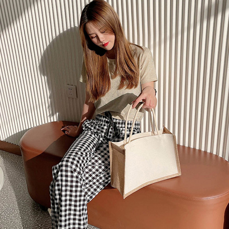 Sieviešu audekla džutas soma Lielas ietilpības audekla ceļojumu uzglabāšanas rokassomiņa Atkārtoti lietojama sieviešu āra rokassomiņa