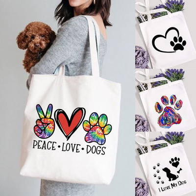 Peace Love Dogs Paw Geantă de cumpărături Mom Life Femei Tote din pânză Geantă de umăr pentru cumpărător Geantă de mână reutilizabilă amuzantă de depozitare de mare capacitate