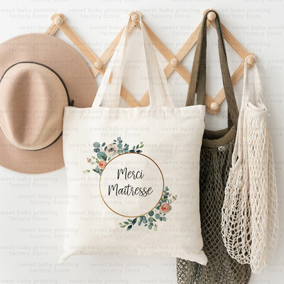 Merci Maitresse French Print Iepirkumu soma Paldies Skolotājam Audekla soma Lielas ietilpības Totes Somas Eko atkārtoti lietojamas rokassomas Dāvana