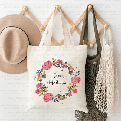 Merci Maitresse French Print Iepirkumu soma Paldies Skolotājam Audekla soma Lielas ietilpības Totes Somas Eko atkārtoti lietojamas rokassomas Dāvana