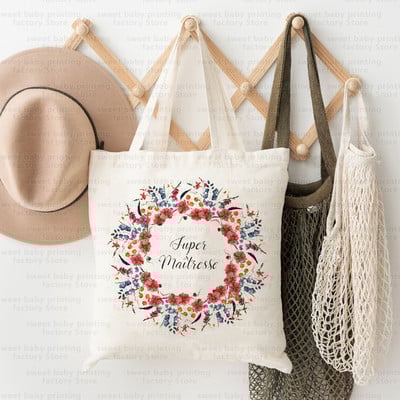 Merci Maitresse French Print Iepirkumu soma Paldies Skolotājam Audekla soma Lielas ietilpības Totes Somas Eko atkārtoti lietojamas rokassomas Dāvana