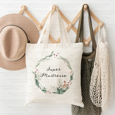 Merci Maitresse French Print Iepirkumu soma Paldies Skolotājam Audekla soma Lielas ietilpības Totes Somas Eko atkārtoti lietojamas rokassomas Dāvana