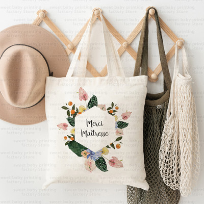 Merci Maitresse French Print Iepirkumu soma Paldies Skolotājam Audekla soma Lielas ietilpības Totes Somas Eko atkārtoti lietojamas rokassomas Dāvana