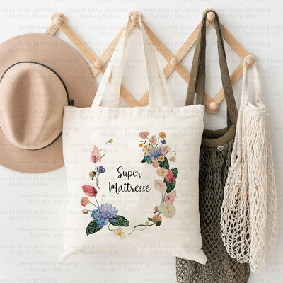 Merci Maitresse French Print Iepirkumu soma Paldies Skolotājam Audekla soma Lielas ietilpības Totes Somas Eko atkārtoti lietojamas rokassomas Dāvana