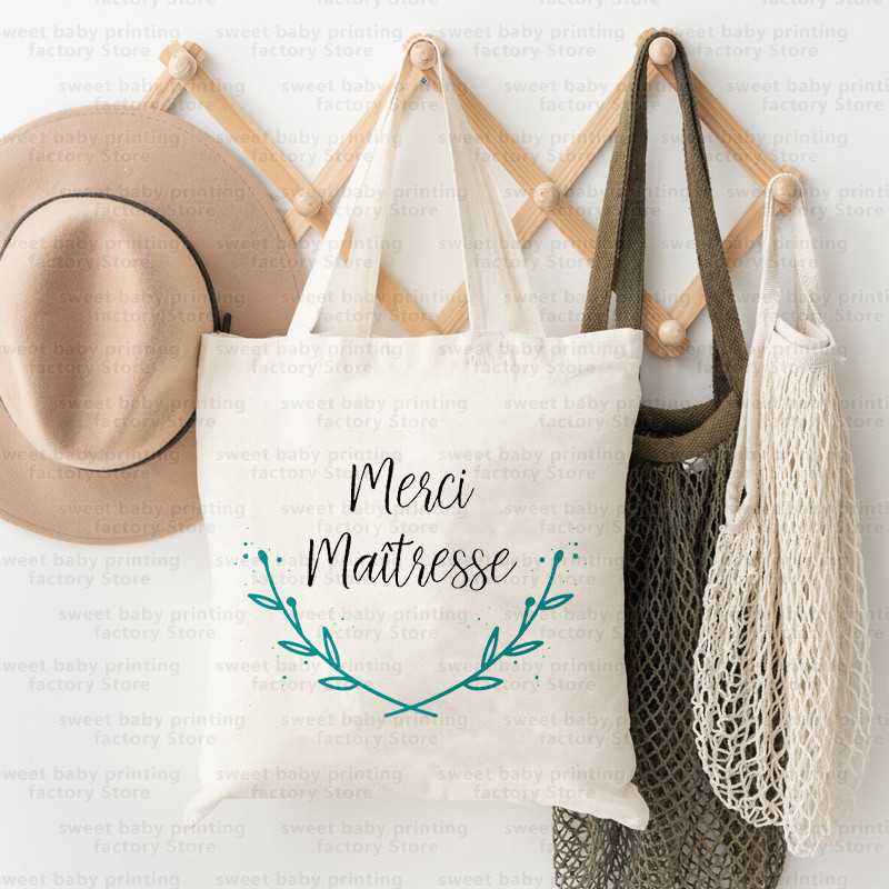 Merci Maitresse French Print Iepirkumu soma Paldies Skolotājam Audekla soma Lielas ietilpības Totes Somas Eko atkārtoti lietojamas rokassomas Dāvana