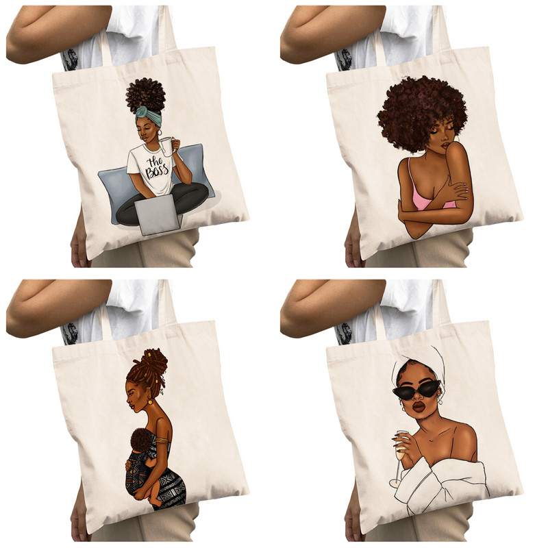 Įprasti afrikietiškų mergaičių, didelės talpos pirkinių krepšiai moterims, daugkartinio naudojimo dviguba spauda, ​​gražus juodas mados moteriškas drobinis pirkėjo krepšys