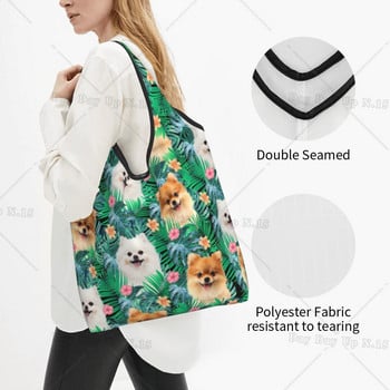 Ανακύκλωση Pomeranian Dog with Summer Leaf Shopping Bag Women Bag Tote Portable Pet Spitz Grocery Shopper Bags