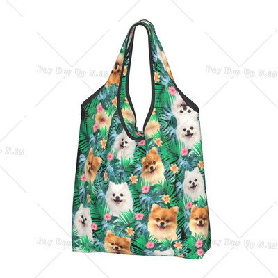 Câine Pomeranian de reciclare, cu frunze de vară, geantă de cumpărături pentru femei, genți portabile pentru cumpărături pentru animale de companie Spitz