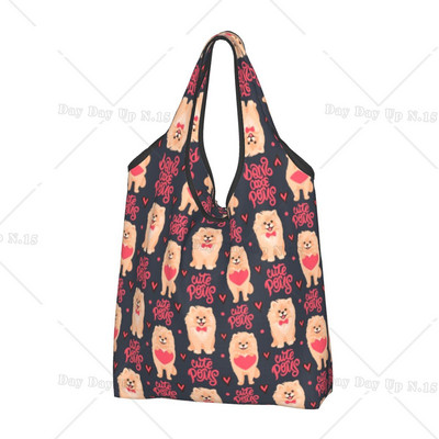 Ανακύκλωση Pomeranian Dog with Summer Leaf Shopping Bag Women Bag Tote Portable Pet Spitz Grocery Shopper Bags